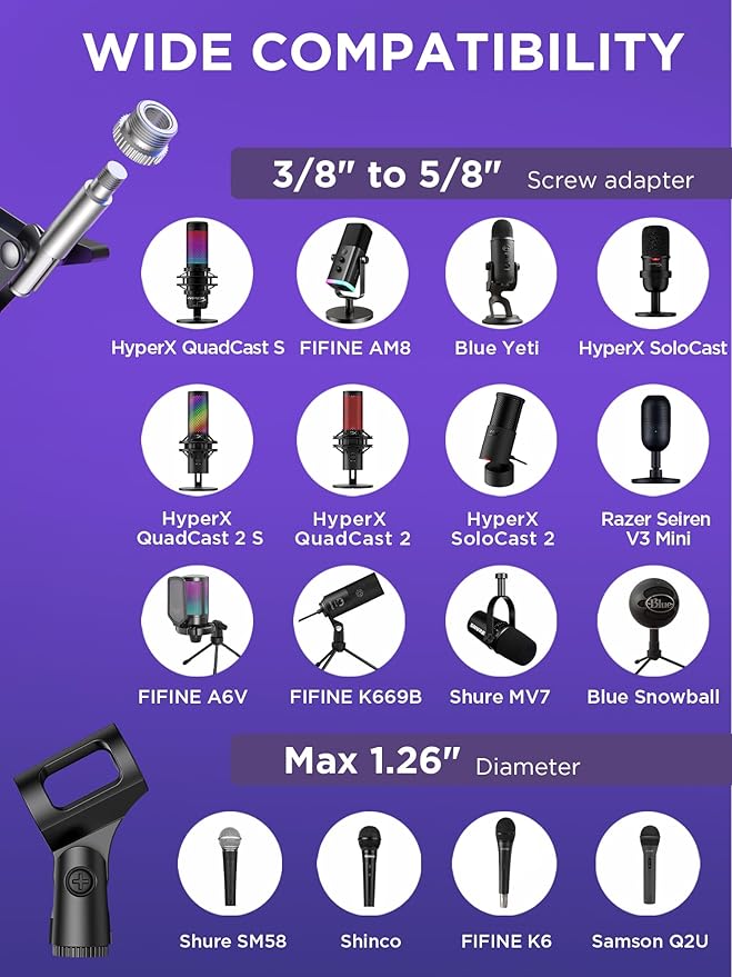 InnoGear Microphone Stand Mic Boom Arm for Blue Yeti HyperX QuadCast S SoloCast Snowball Fifine K669B and other Mic, with Shock Mount Windscreen Pop Filter Mic Clip Holder Cable Ties, Medium