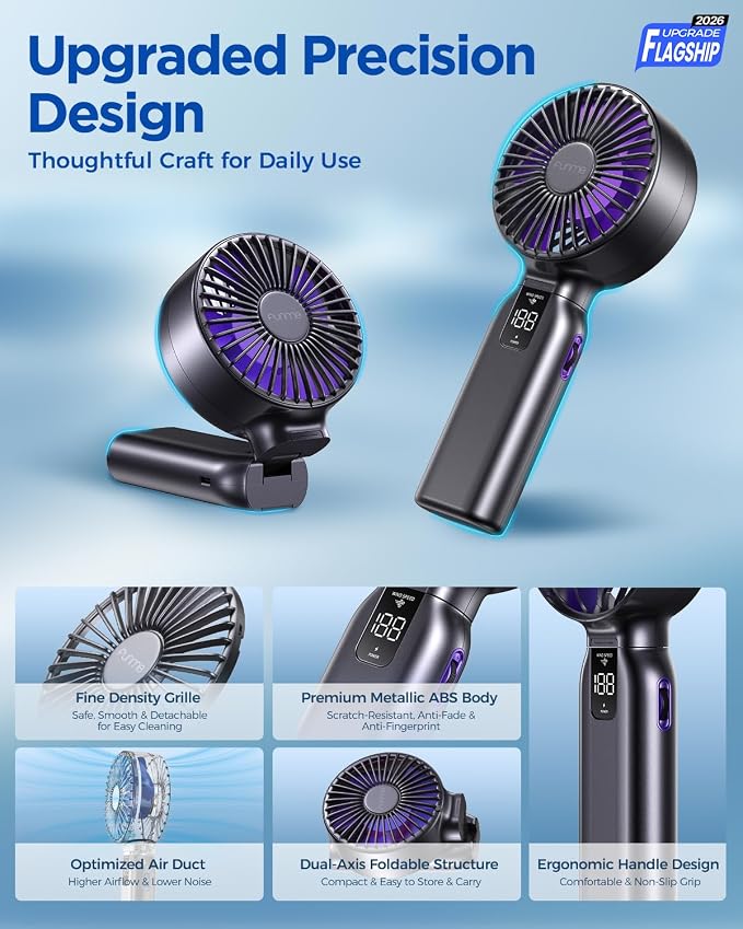 Funme Portable Handheld Fan, 10000mAh Rechargeable Personal Fan with 1-100 Speed Scroll Wheel Control, 46H Max Cooling, Boost Mode, LED Display, Metal Body, Foldable Desk Fan for Travel Outdoor, Blue