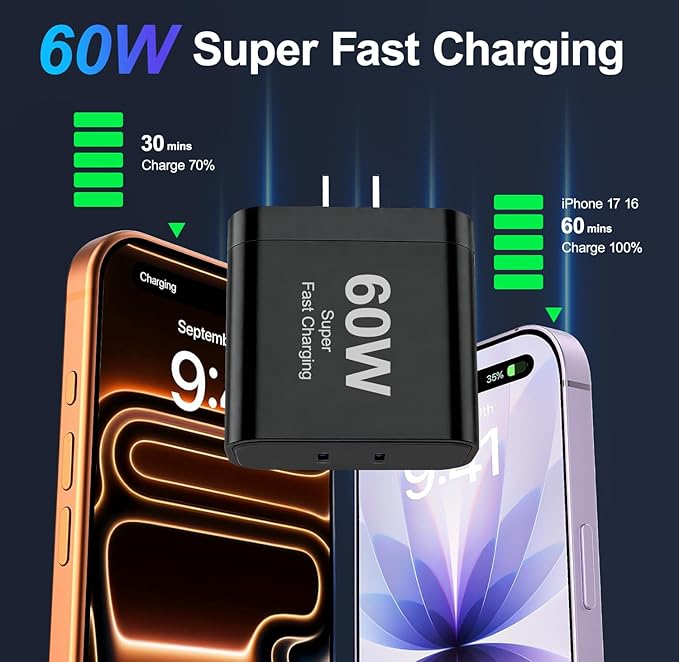 iPhone 17 Charger,45W Fast Charging Dual Port USB C Charger Block with 3/6/10/10FT Type C Charging Cable-PD Quick Adapter 3.0 for iPhone 17e/17/17 Pro/17 Pro Max/Air/16/15 Pro Max/Plus,iPad (Black)