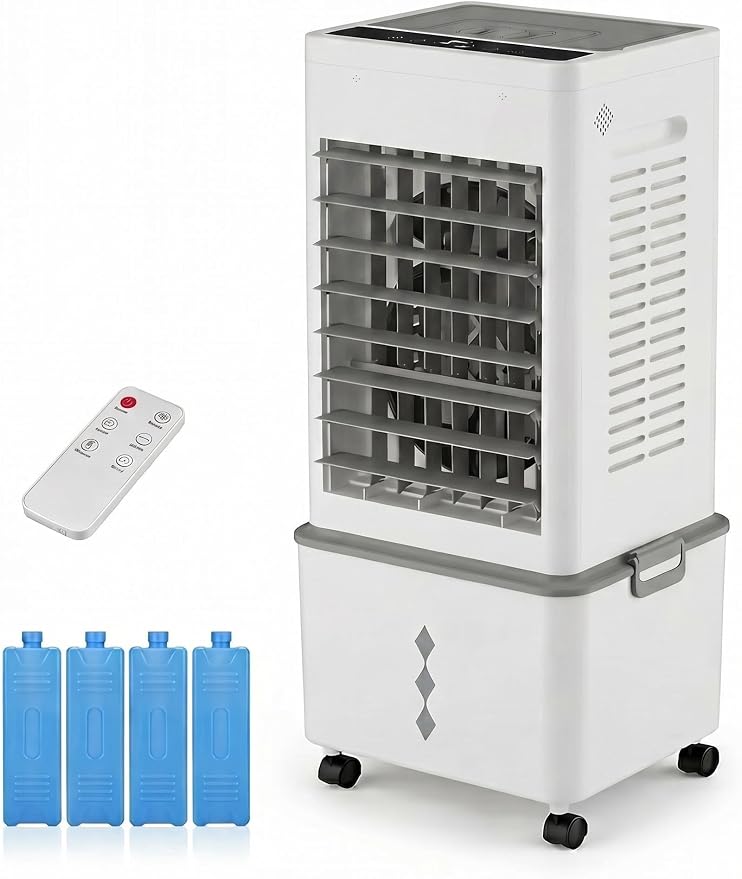 Grelife Evaporative Air Cooler with 10L(2.64 Gal) Large Tank,8 Speeds & 3 Wind Modes, 80° Oscillation,24H Timer,Remote Control,LED Display, Mist & Humidifier Function for Home Office Bedroom white