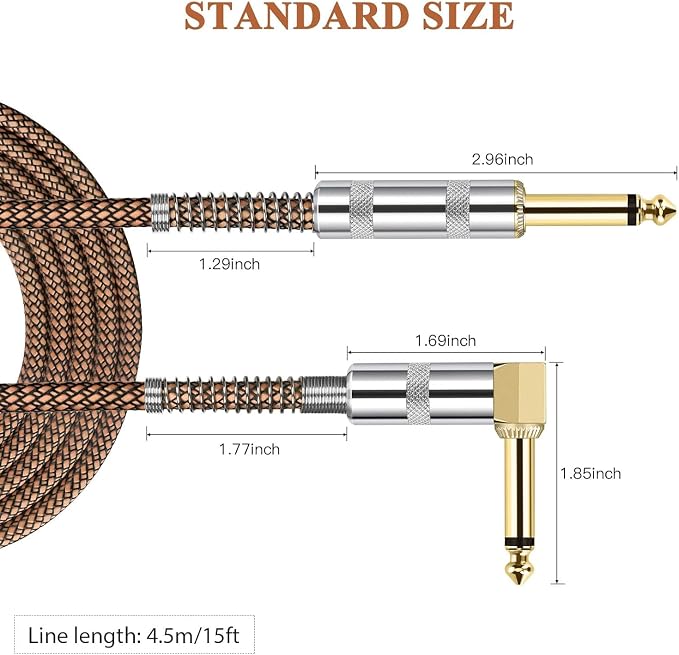 JOLGOO Guitar Cable, 1/4 Inch Cable 15 Ft, Straight to Right Angle 6.35mm Plug Bass Keyboard Instrument Cable, Orange and Black Tweed Cloth Jacket, Electric Mandolin, pro Audio