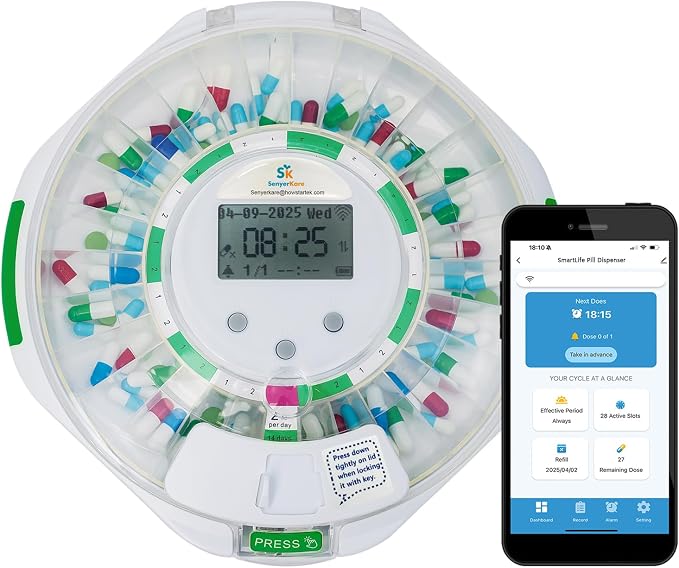 Smart WiFi Automatic Pill Dispenser with with App and Light Reminders for Seniors - Tracks Adherence History, Remote Caregiver Alerts, 28-Day Locking Medication Organizer for Vitamins, Supplements