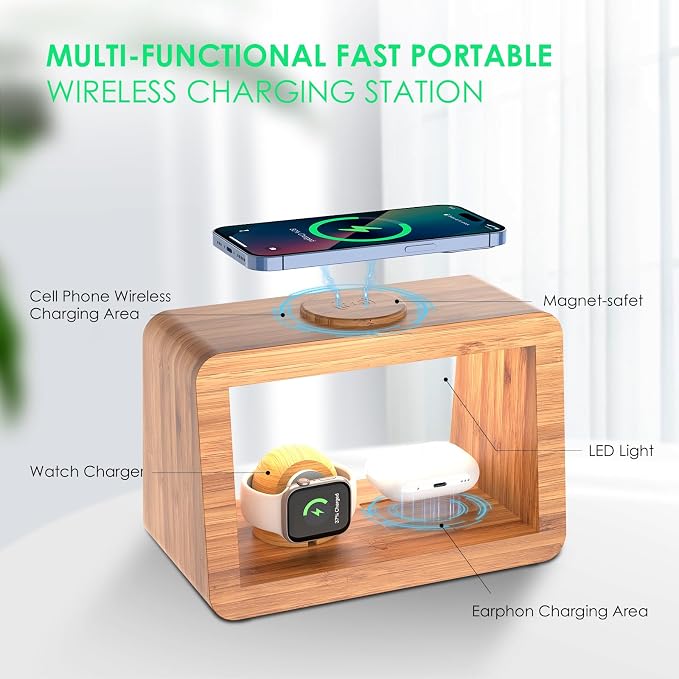 Bamboo Wireless Charging Station: Fast Charger Stand for iPhone 15/14/13/12/11 Pro Max/X/Xs Max/8, AirPods Pro, iWatch Series SE - 3-in-1 Dock