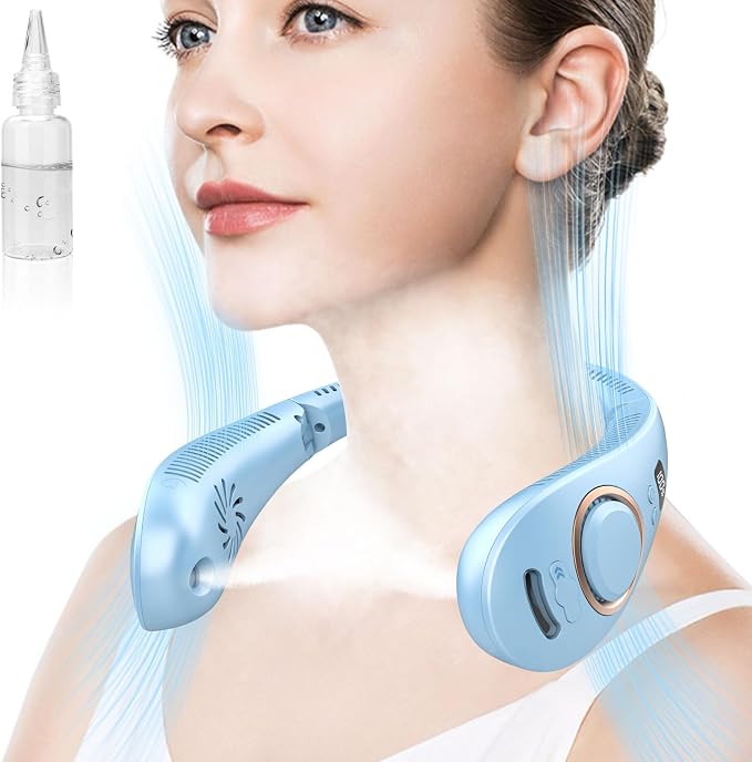Neck Fans with Water Spray Misting,Portable Neck Fans that Blow Cold Air Rechargeable with LED Display, Adjustable 5 Speeds Powerful Soundless Compact Cooling Neck Hanging Fan for Travel Airplane Blue