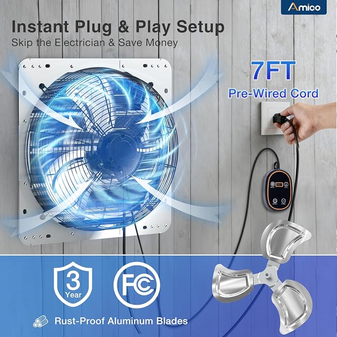 Amico 18 Inch Smart Exhaust Fan with Thermostat, 8-Speed Controller, 2688 CFM (Up to 3800 Sq.Ft), 60W EC Motor Wall Mount Shutter Fan for Barn/Garage/Greenhouse, Plug & Play Vent Fan, FCC