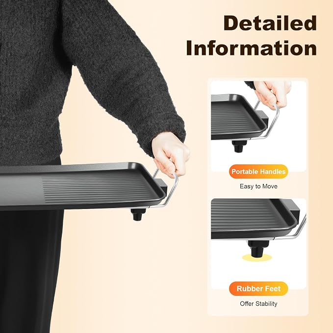 Electric Griddle & Flat Grill with Nonstick Large Cooking Surface and Removable Probe 11" x 26", 32-482℉(Five Gears Adjust)