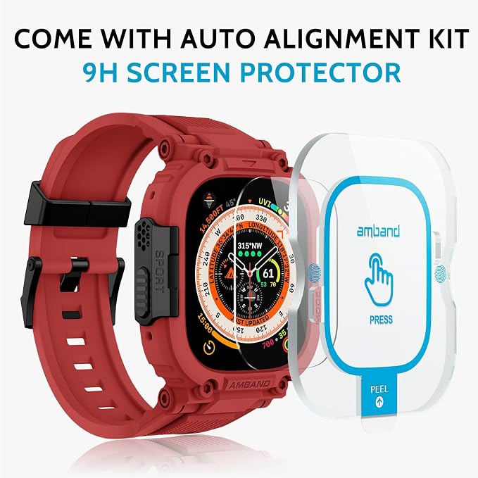 amBand Bands Case Screen Protector Compatible with Apple Watch Ultra 3/2/1 49mm, M1 Sport Series Rugged Cover Strap and 9H Tempered Glass Film, Protective Bumper for iWatch 49 mm Men - Mars Red