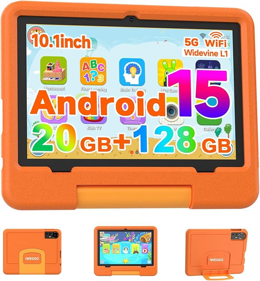 IWEGGO Android 15 Kids Tablet with EVA Case, 10 inch Tablet for Kids, 20GB RAM+128GB ROM/ MAX 2TB, 1280*800 IPS HD Eye-care Touch Screen, 2.0GHz Quad-core Toddler Tablets, 5G WiFi6, Widevine L1 Orange