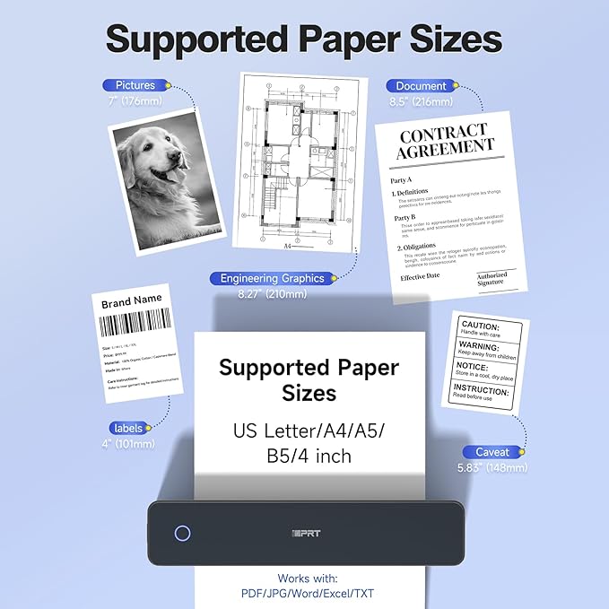 iDPRT Portable Thermal Printer Wireless for Travel, Printers for Home Use, Come with Carry Case& 10 Sheets Thermal Paper, Support 8.5x11 US Letter&A4 Thermal Paper, Compatible with Phone Laptop