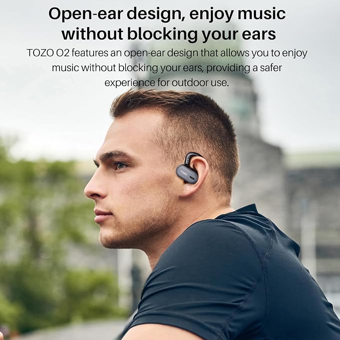 TOZO O2 True Open Ear Wireless Earbuds with Multi-Angle Adjustment, Bluetooth 5.3 Headphones with Bass Sound, Crystal-Clear Calls, 42 Hrs Playtime, Long-Lasting Comfort for Work, Driving, Sport Black