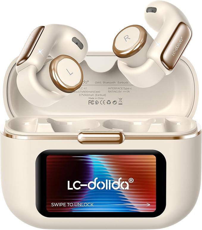 LC-dolida Open-Ear Wireless Earbuds with Smart LED Display Case, Clip On Earbuds All-Day Comfort & Situational Awareness, Case Control for Volume, EQ, Music, Find My Earbuds & Camera, Timer (Cream)