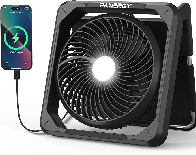 PANERGY Solar Powered Fan, Rechargeable Battery Fan with Detachable Solar Panel, 3 Speeds Portable Camping Fan with Light & Timer, 90°Tilt Desk Fan Strong Airflow for Garage RV Travel Hurricane Outage