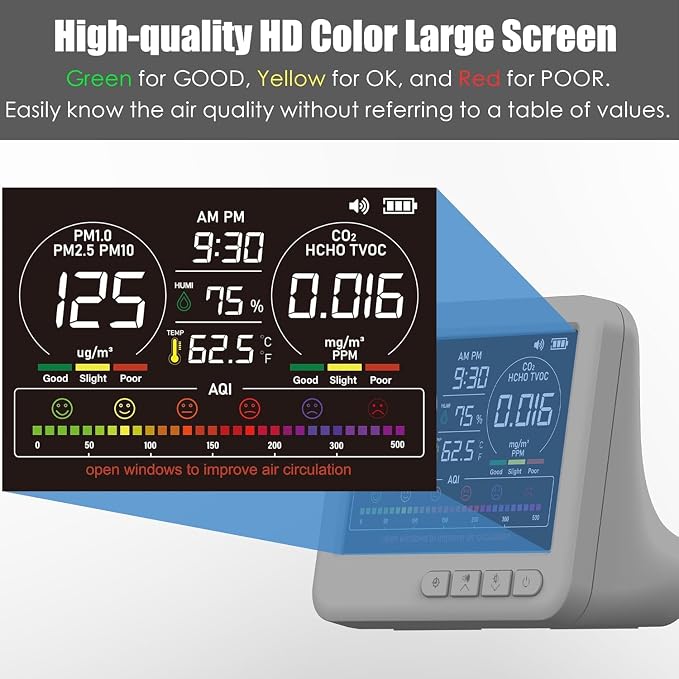 Professional 16-in-1 Portable Indoor Air Quality Monitor with AQI Reminder, Real-Time Air Detector for Home, Bedroom, Office, Car & Daily Use