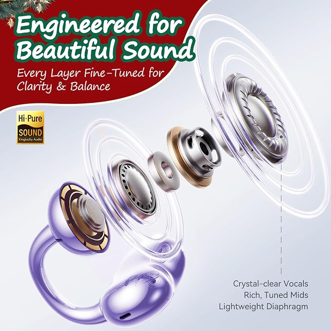 Kinglucky Open-Ear Clip-On Earbuds for Women with Detachable Holiday Bows, All-Day Comfort, Secure Fit, Lightweight Bluetooth 5.4 Wireless Earbuds 50H Playtime, Gift for Her, Clear Calls, Purple