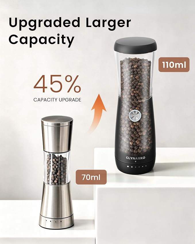 Electric Salt and Pepper Grinder Set, Stainless Steel Automatic Salt and Pepper Grinder Set, Upgraded 110ml Capacity, Adjustable Coarseness & LED Light, One-Handed Operation, Ideal Kitchen Gadget