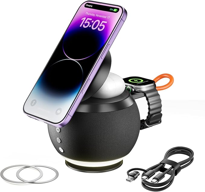 5 in 1 Wireless Charging Station with Bluetooth Speaker and Night Light, Magnetic Fast Charger Stand for iOS Phones, Smartwatch and Wireless Earbuds, Bedside Charging Station, Black