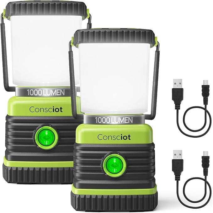 2 Pack LED Camping Lanterns, Consciot 1000LM Rechargeable Light and Etekcity 140LM Battery Powered Emergency Light