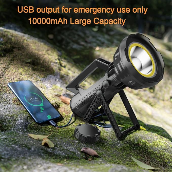 BUYSIGHT 2-in-1 Rechargeable Spotlight & Floodlight, 2000000 Lumens 600Yards Waterproof Handheld Searchlight with COB LED, USB-C Rechargeable Hunting Light with Red Filter (Black Combo)