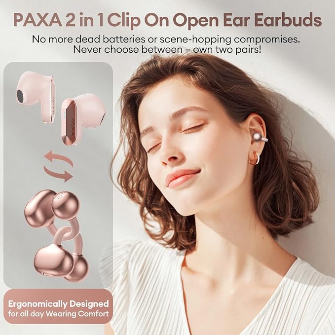 PAXA 2 in 1 Clip-on Earbuds Open Ear Headphones Bluetooth 6.0 Wireless Earbuds with in-Ear Earbuds, Ultra-long 140H Play, Auto L-R Recognition Touch Control for Work Fitness Daily Use Ctbuds Rose Gold