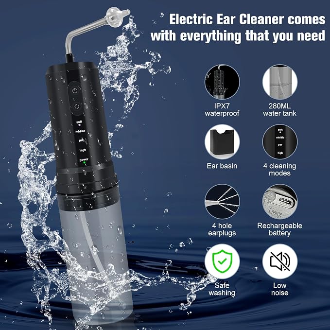 Ear Wax Removal, Electric Ear Irrigation Flushing System, Water Powered Ear Cleaner with 4 Pressure Modes, 6 Reusable Replacement Tips, Safe and Effective Ear Cleaning Tool for Adults (Black)