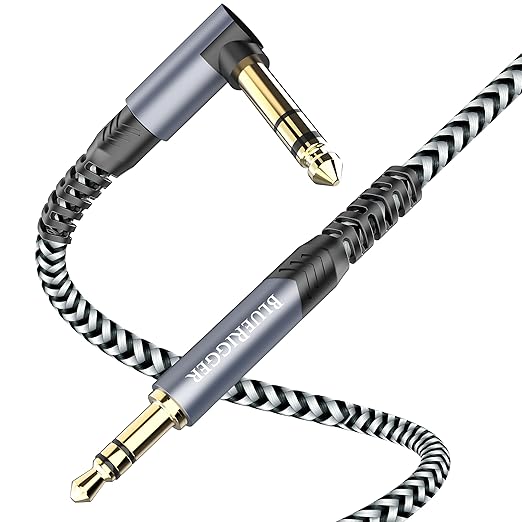 BlueRigger 6.35mm to 3.5mm Audio Cable (10FT, 90 Degree Bi-Directional, 6.35mm 1/4" Male to 3.5mm 1/8" Male TRS, Right Angled Braided Stereo Audio Cable for Cellphone, Amplifiers, Guitar, Speaker