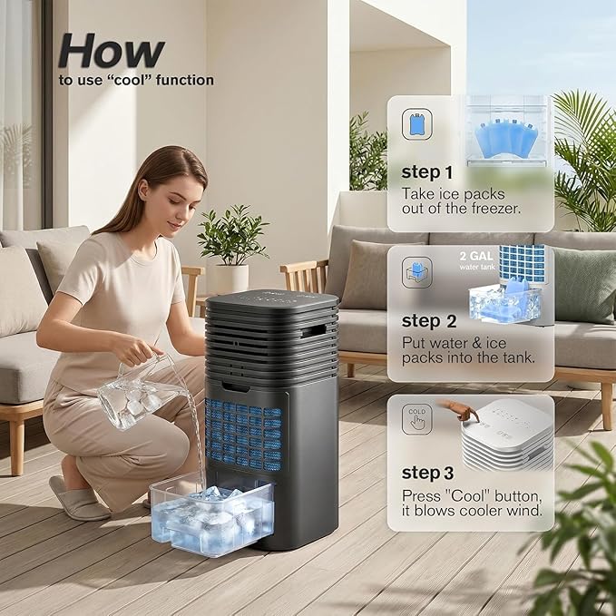 3-IN-1 Portable AC Unit with Remote, 24" Windowless Portable Air Conditioner, 15H Timer & 120°Oscillation, 2-Gal Tank, 3 Modes & 3 Speeds, Ultra-Quiet Ventless Swamp Cooler for Home Office, Inky