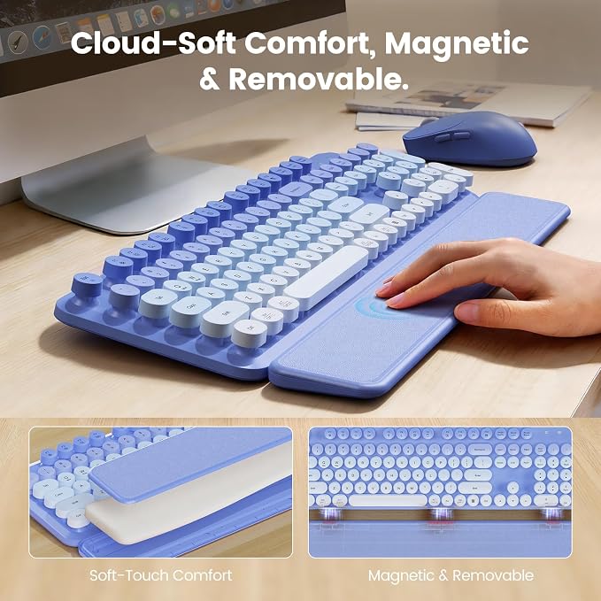Wireless Keyboard and Mouse Combo, Magnetic Soft-Touch Wrist Rest, Round Keycaps, Full-Size Retro Typewriter Style Keyboard, 2-Stage Tilt Legs, Auto Sleep, 2.4GHz Cordless for Windows PC, Purple Ombre