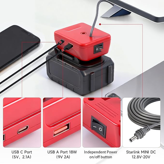 Starlink Mini Battery Adapter Compatible with Milwaukee18V/20V Batteries, 9.84FT 18AWG Starlink DC Electronic Power Cord with Independent Button and Low Voltage Protection for Starlink mini Batteries