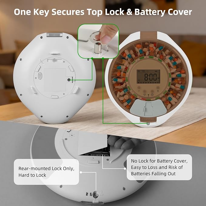 Locked Bluetooth Pill Dispenser for Caregivers App Track Adherence History | Top Lock & Ergonomic Flip Lid Friendly for Seniors, 28-Day Organizer with 9 Custom Alarms & Clear LCD, Sound-Light Reminders