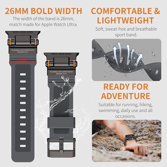 FOAMUNOC Rugged Band Compatible with Apple Watch Ultra 3/2/1 Band 49mm/46mm/45mm/44mm/42mm, Metal Connector with Silicone Strap for iWatch Ultra Series 11/10/9/8/7/6/SE3/SE2/SE/5/4/3/2/1, Gray/Black