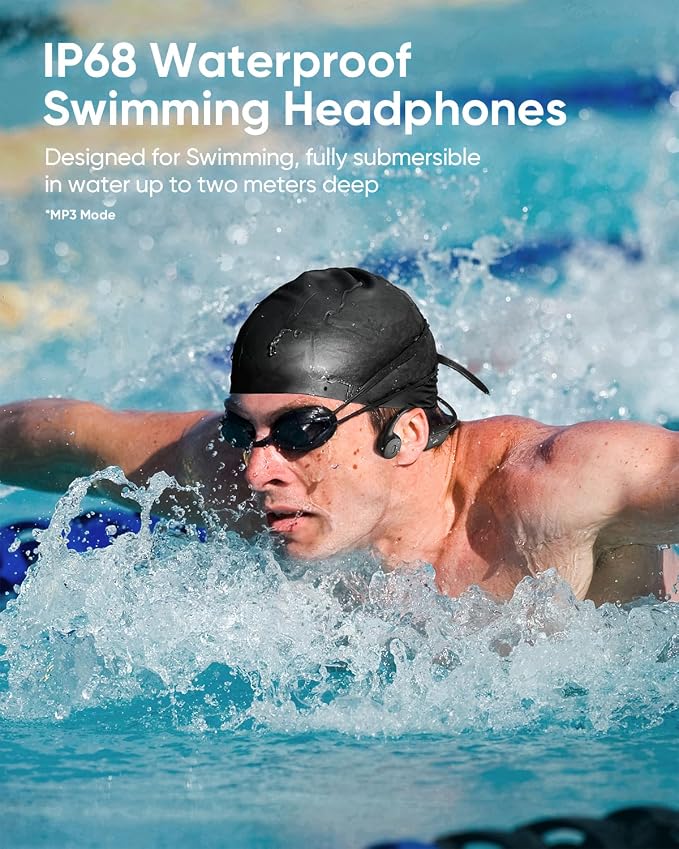 SAMVEK Swimming Headphones, IP68 Waterproof Bone Conduction Headphones for Swimming, Bluetooth 6.1 Swimming Headphone Underwater with MP3 Mode 32GB Memory for Running, Surfing, Cycling, Fitness