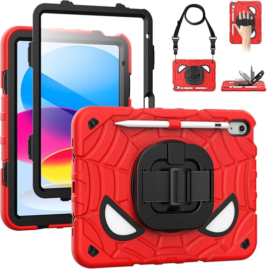 Grifobes Case for iPad A16 11th/10th Generation 2025/2022 11/10.9 inch, Full Body Protection with Screen Protector/Pencil Holder/Stand,Hand/Shoulder Strap for i Pad 11/10.9 Cover Red+Black