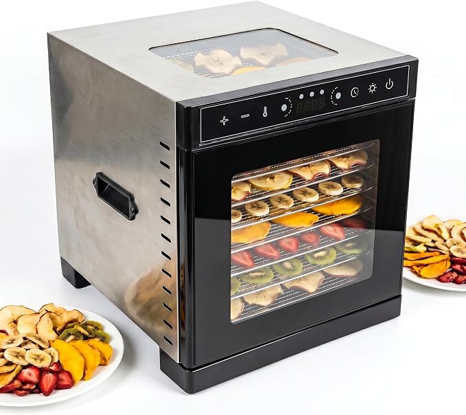 700W Food Dehydrator Machine 8-Tray, Max 212°F Adjustable Temp & 24H Timer, Dual-Layer Stainless Steel Food Dryer with View Window for Beef Jerky, Fruit, Veggie, Herb & Homemade Dog Treats