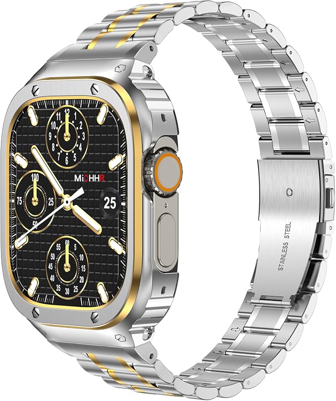 MioHHR Stainless Steel Watch Band with Case Compatible with Apple Watch Ultra3 2 1(49mm),Rugged Strap with Metal Protective Bumper Cover for iWatch Band Men(Silver/Gold)