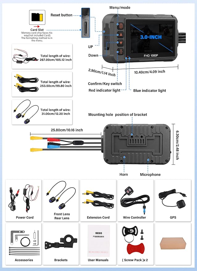 Motorcycle Dash Cam Dual HD Camera Front and Rear View,3" IPS Screen 1080P IP65 Waterproof 150° Wide Angle Sportbike Recording DVR with G-Sensor,Loop Recording,Night Vision,Parking Monitor