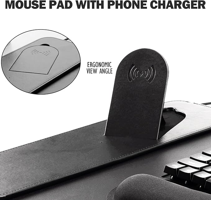 15W Fast Charging Desk Mouse Pad,View Angle Ergonomic Foldable Magnetic Phone Charger,35.4x15.7in PU Leather Large Wireless Charging Desk Mat with Keyboard & Mouse Wrist Rest for Gaming,Office,Mac