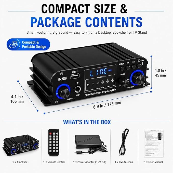 Romicta 4 Channel Bluetooth 5.0 Stereo Amplifier, 50Wx4 Home Audio Stereo Receiver, 1200W Max, USB/SD/FM, Class D HiFi Power Amp for Home Theater, Car & Karaoke, Includes Remote & Power Adapter