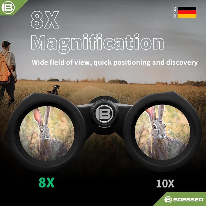BRESSER 8x42 Binoculars for Adults High Powered with HD Optical System, FMC Green Film BAK4 Prism, Non-Slip Grip, Waterproof, Fogproof, Shockproof for for Hunting Bird Watching Travel Football Games