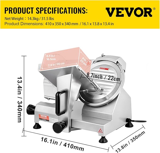 VEVOR Commercial Meat Slicer, 200W Electric Deli Food Slicer, 0-12mm Adjustable Thickness Electric Meat Slicer, 350-400RPM Slicer with 8.7'' Chromium-plated Steel Blade for Home & Commercial Use