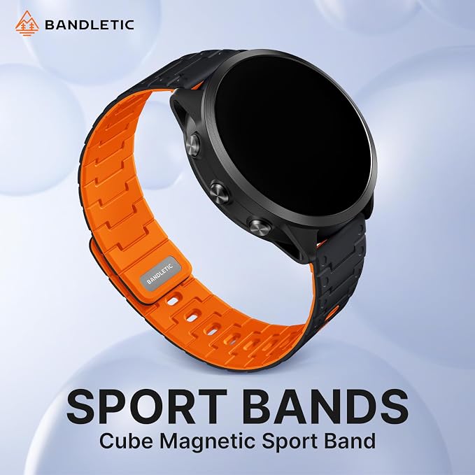 Bandletic Magnetic Silicone Watch Band - 20mm Quick Release Watch Bands, Breathable Soft Sport Outdoor Rugged Straps Compatible with Samsung Watch 7 Bands for Men Women, Black/Orange