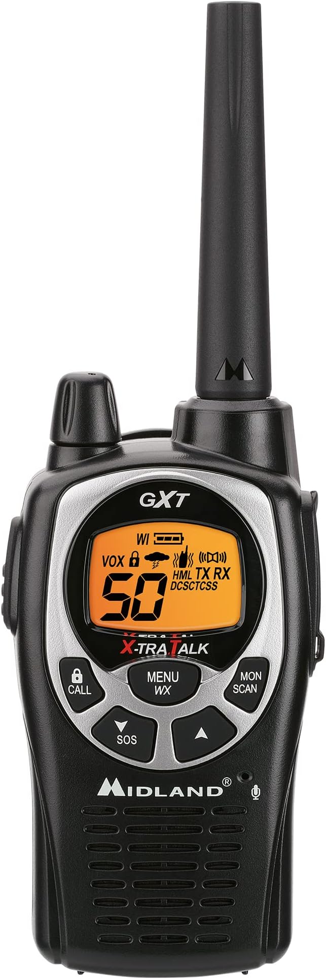 Midland GXT1000VP4 GMRS Two-Way Radio (50 Channel, Long Range, 142 Privacy Codes, SOS, NOAA, Rechargeable Nickel Battery, Black/Silver 2-Pack)
