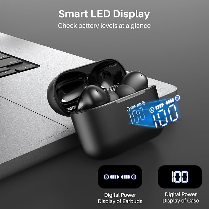 TOZO T20 Wireless Earbuds, Bluetooth 5.3 Headphones with 97H Playtime, IPX8 Waterproof, Dual Mic ENC Call Noise Cancelling, Deep Bass Sound, LED Display, Wireless Charging Case
