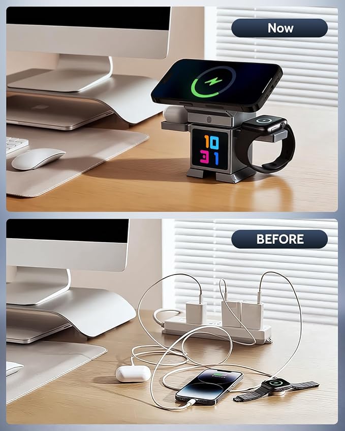 ModiTech 7 in 1 Wireless Charging Station for Apple - Qi2.2 Certified 25W Magnetic Magsafe Charger Stand for iPhone 17/16/15/14/13/12 - Apple Watch - Airpods Series, Grey with Adapter
