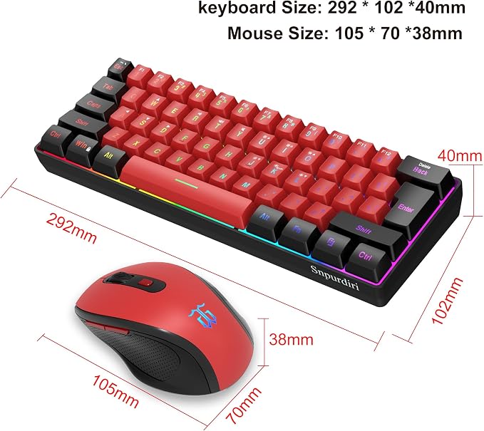 Snpurdiri 2.4G Wireless Gaming Keyboard and Mouse Combo, 60 Percent Wireless Keyboard and Ergonomic Vertical Feel Small Mouse (Black and Red)