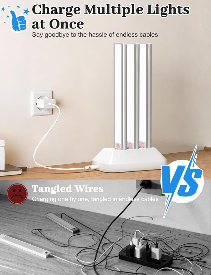 12in Under Cabinet Lighting with Charging Station, 2500mAh Rechargeable Wireless Motion Sensor Lights Indoor,Closet Lights with 3 Color Tempers, Battery Operated Cabinet Lights for Kitchen, 6-Pack