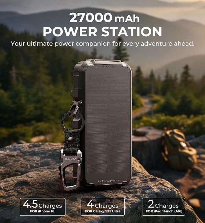 Dexnor 27,000mAh Solar Power Bank Portable Charger, Fast Charging External Battery Pack with LED Flashlight, 3 Ports & Wireless Charging for Phone, Tablets, Laptops for Camping, Travel & Emergency