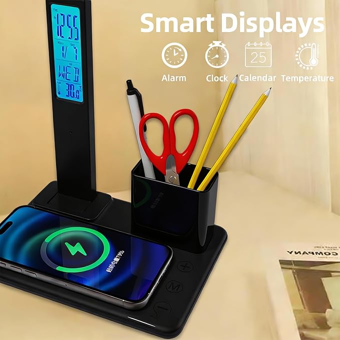 Multifunctional Wireless Charging Bedside Lamp with Digital Display,15W Fast Charger&Alarm Clock,Dimmable Touch Control,Multi-Angle Adjustable Desk Lamp for Home and Office,HYT1771 Black.