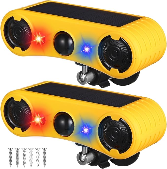 Qualirey Solar Outdoor Motion Sensor Alarm 2 x 129dB Loud Noise Maker 13 Sound Detector Strobe Light, 4 Modes Animal Deterrent Dog Barking Alarm Mount on Ground or Fence for Garden Yard(2 Pack)