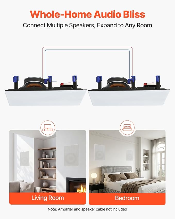 VEVOR in-Wall Speakers, 8", in Wall Speaker System with Paintable Grille, Hi-Fi Sound, 200W Peak, 2-Way Rectangular Speakers, for Damp Humid Indoor Placement, Bath, Kitchen, Covered Porches, 1 Pair