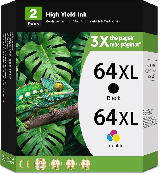 64XL Ink Cartridges Replacement for HP 64 XL Black Color Combo Pack for HP64 HP64XL with Printer Envy Photo 7858 7855 7120 7155 7158 7164 6255 6252 6232 7100 Inspire 7955e 7958e 7255e Tango